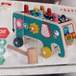 Wooden Elephant Whac-a-Mole Bus with Mallet, Spinning Gears & Tap Piano