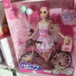 Happy Girl Fashion Doll Playset with Pink Cruiser Bicycle, Basket, Balloons & Puppy